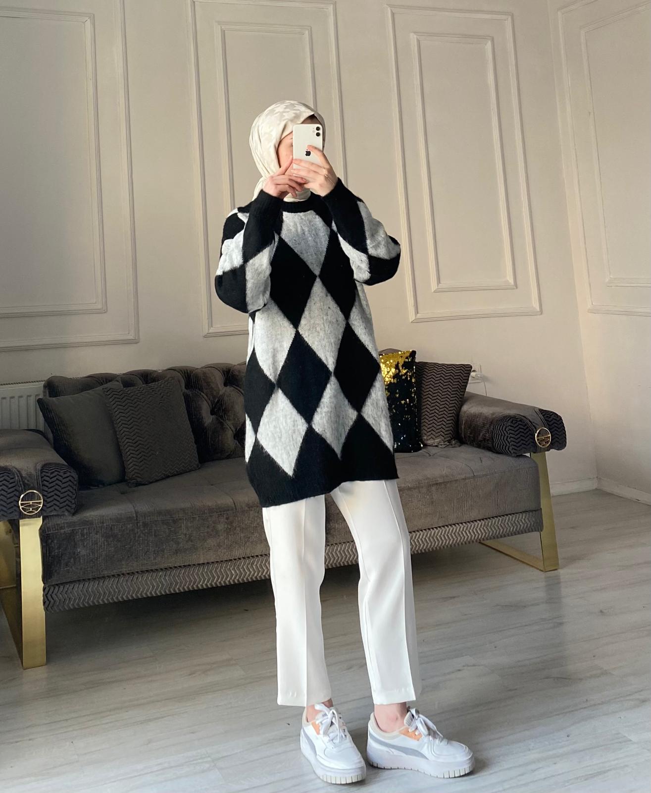 Baklava Desen Premium Kalite Kazak - Siyah