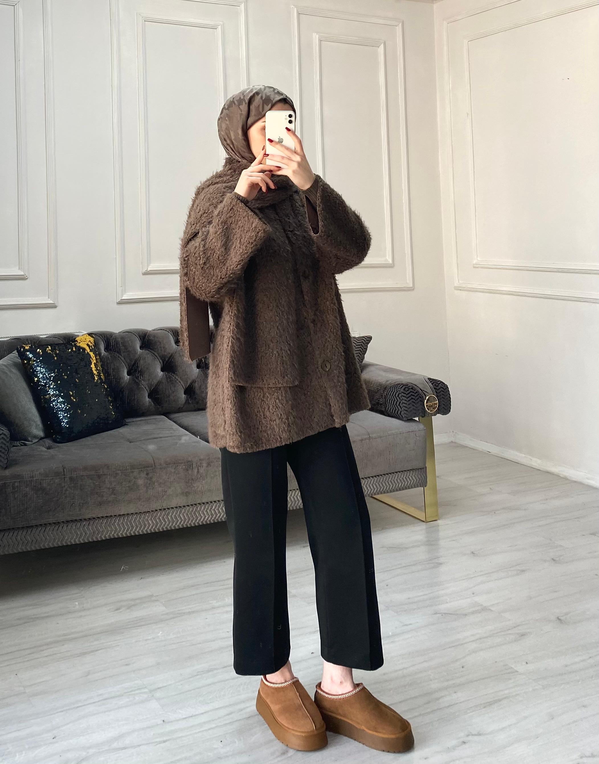 Luna Atkılı Peluş Ceket - Kahve