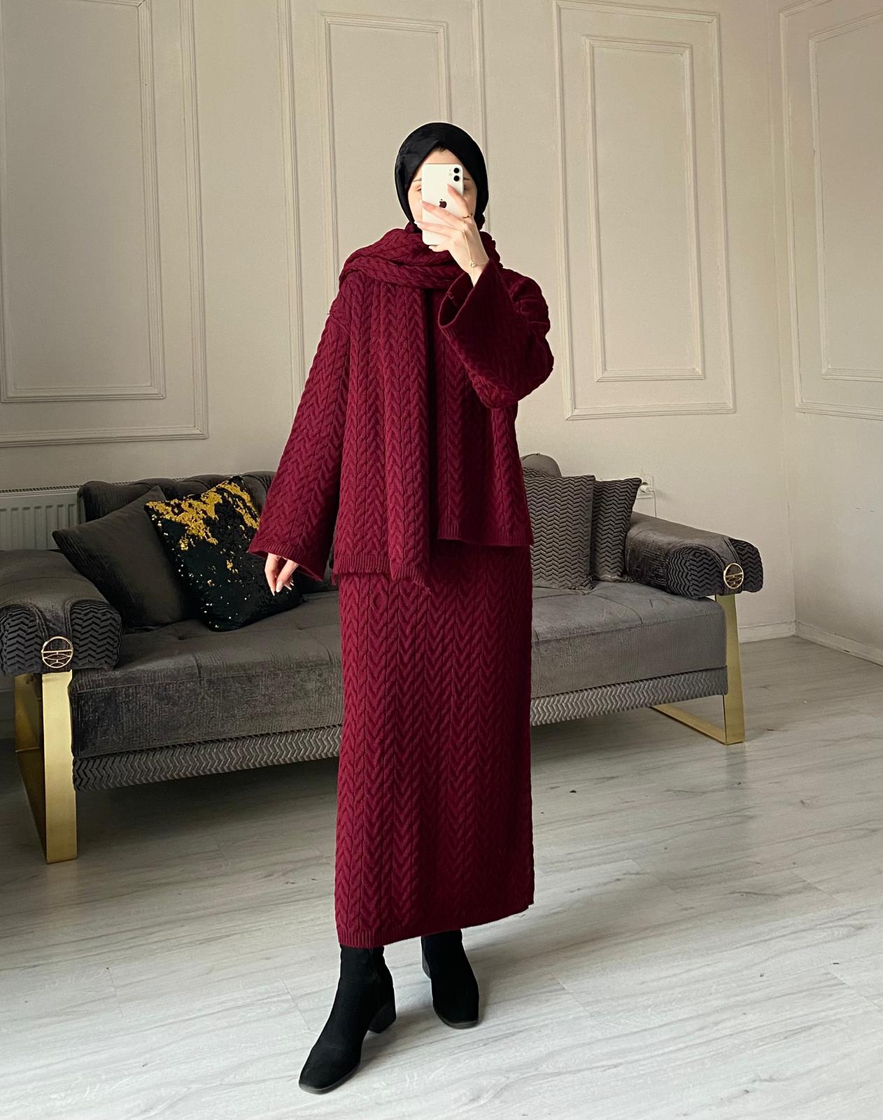 Kamilla Atkılı Triko Takım - Bordo