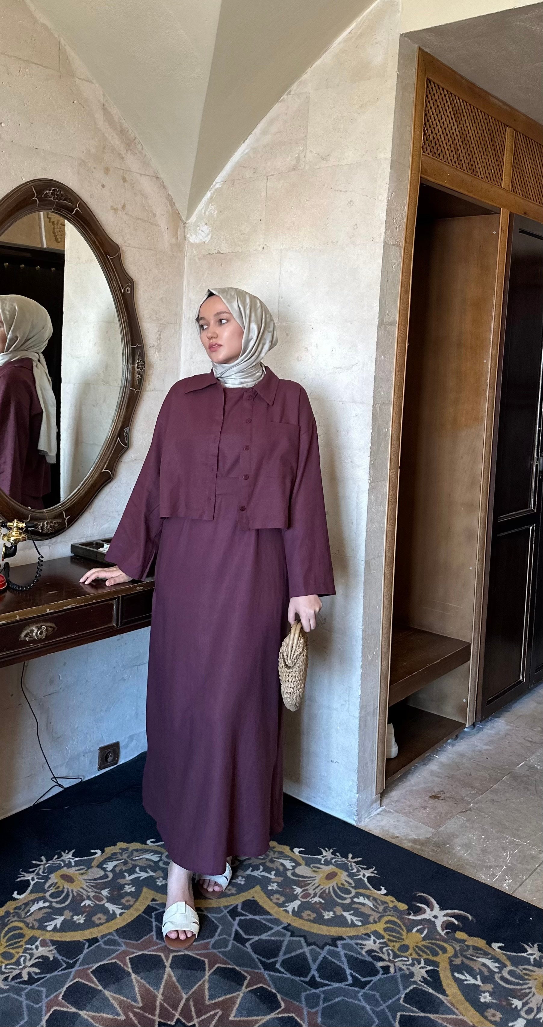 Leya Keten Elbise - Bordo