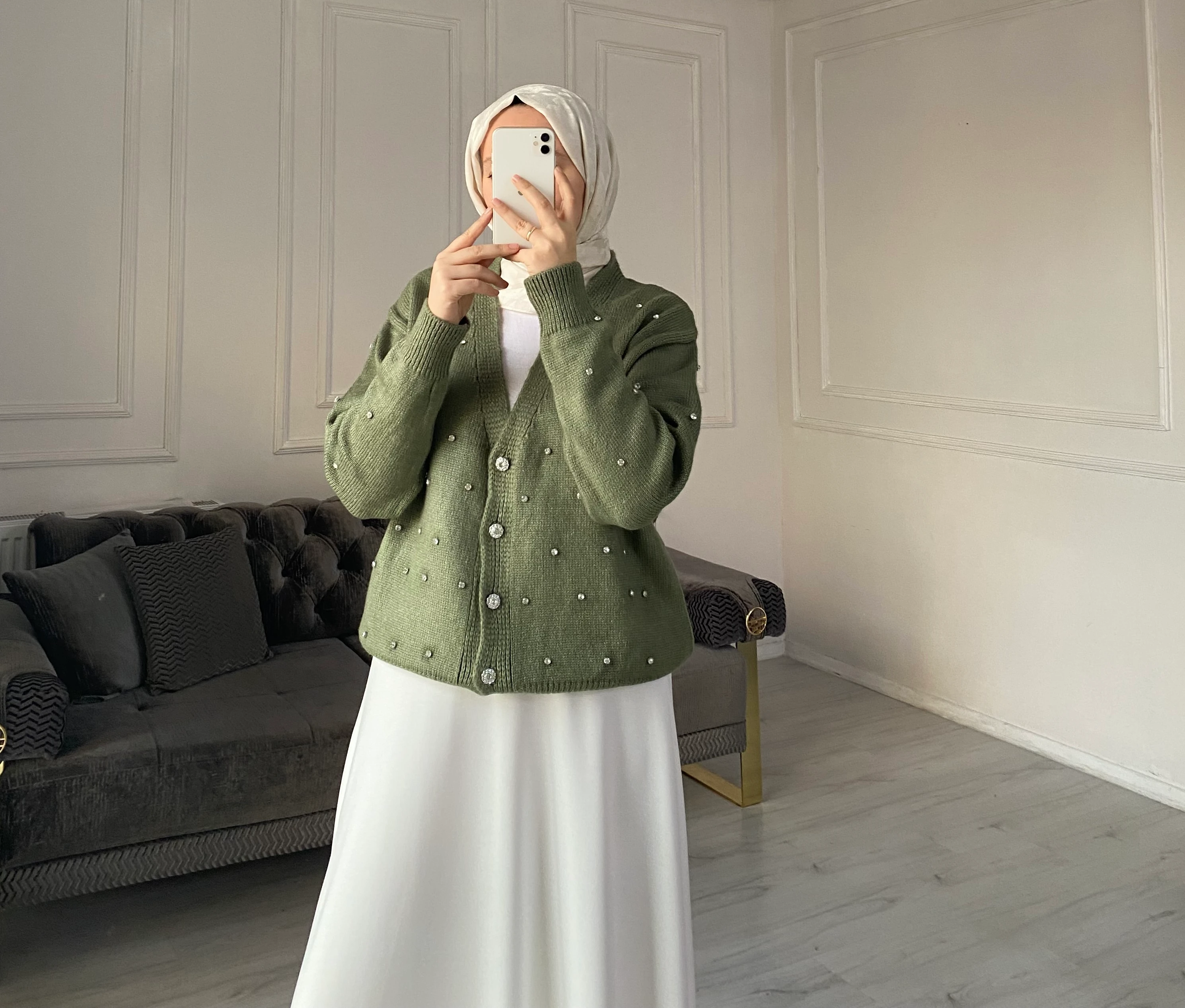 Tiana Taşlı Triko Hırka - Haki