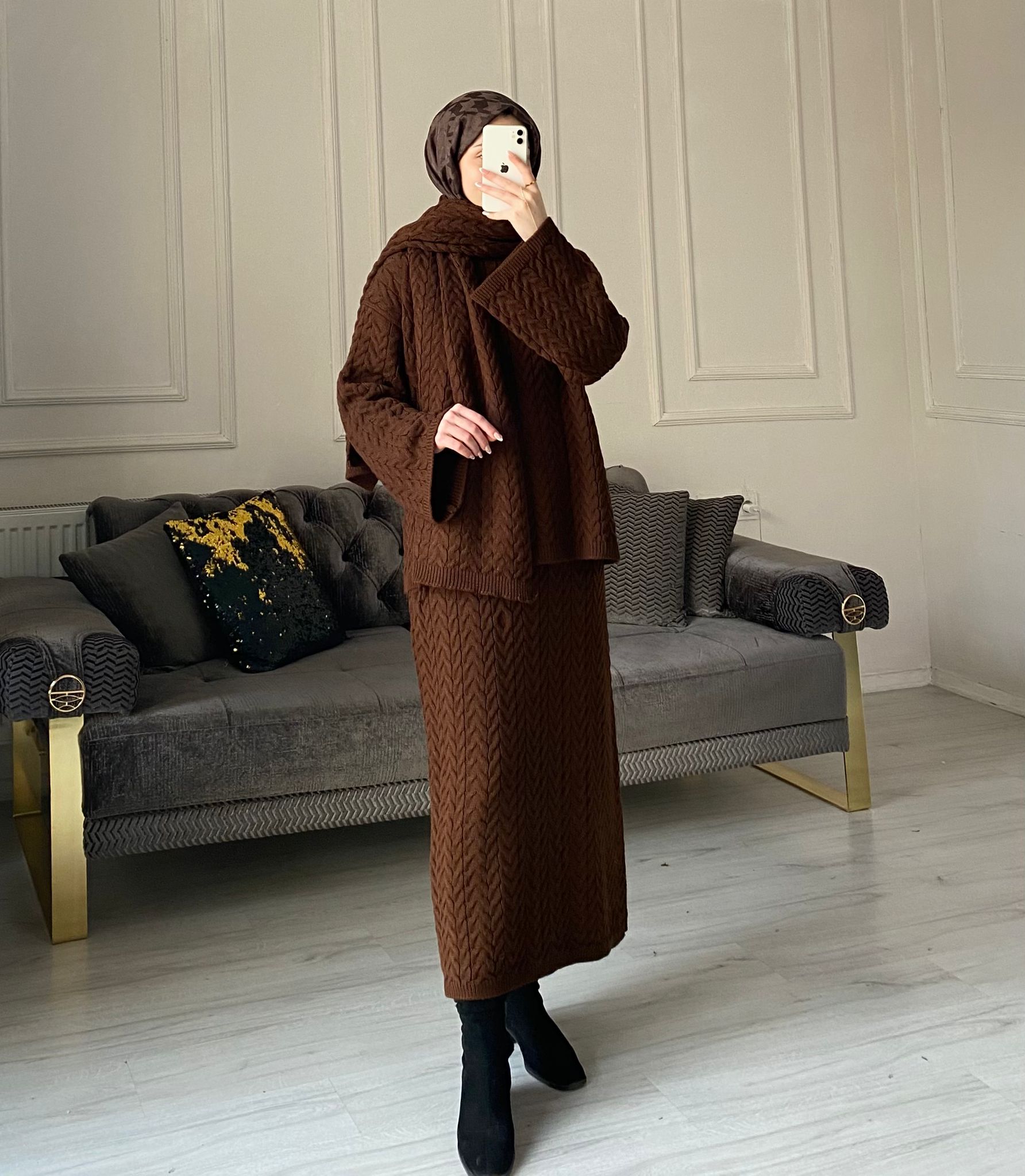 Kamilla Atkılı Triko Takım - Kahve