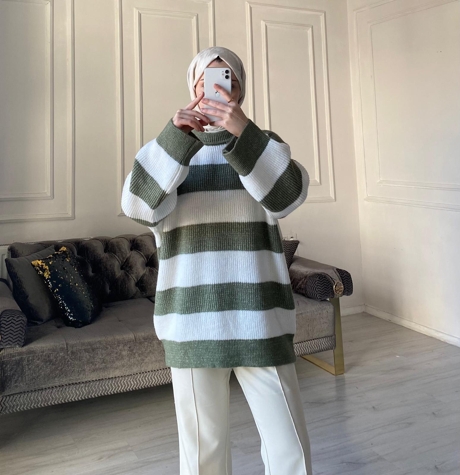 Lola Çizgili Kazak - Haki