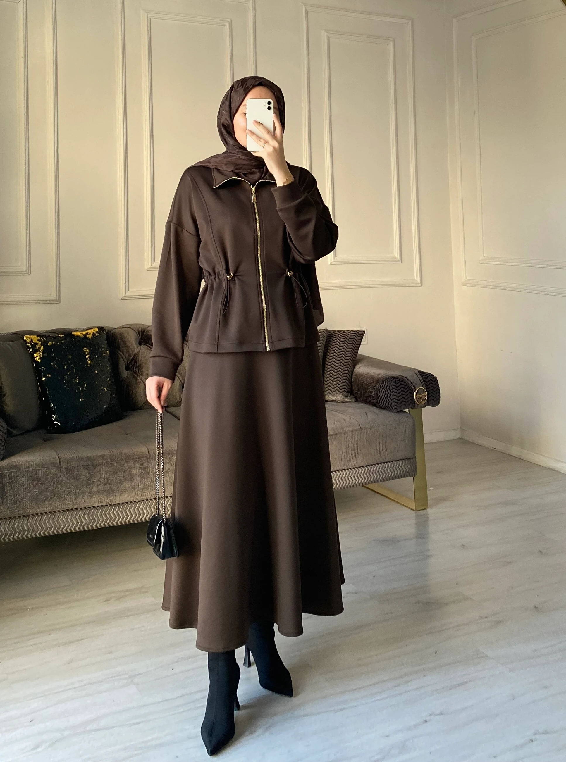 Leyla Scuba Etekli Takım - Kahve