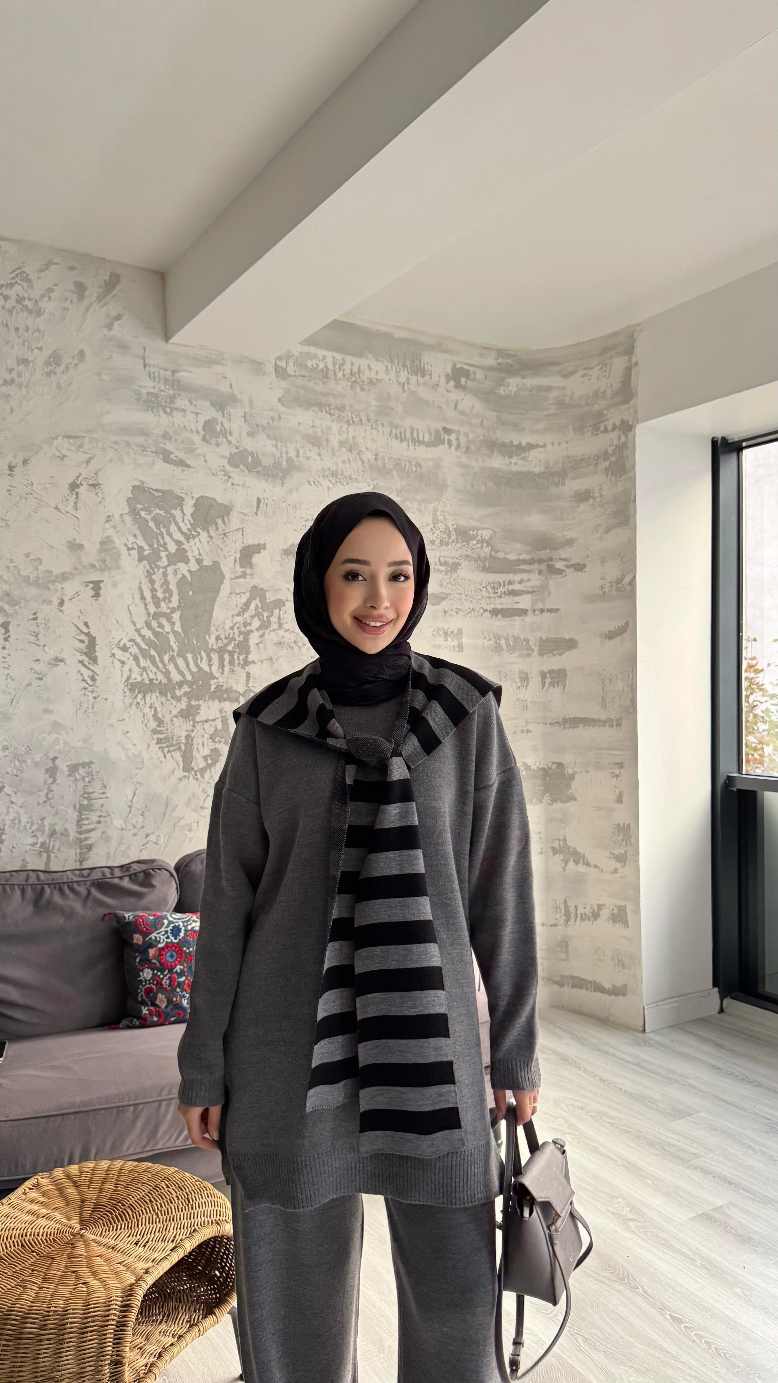 Atkılı Triko Üçlü Takım - Antrasit