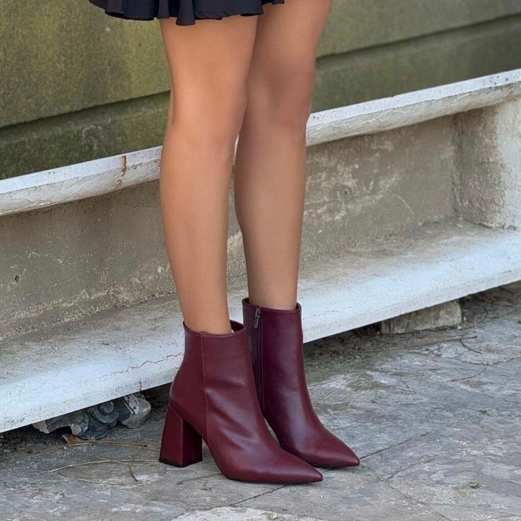 Aqua Bordo Mat Fermuar Detay Sivri Burun Kadın Topuklu Bot