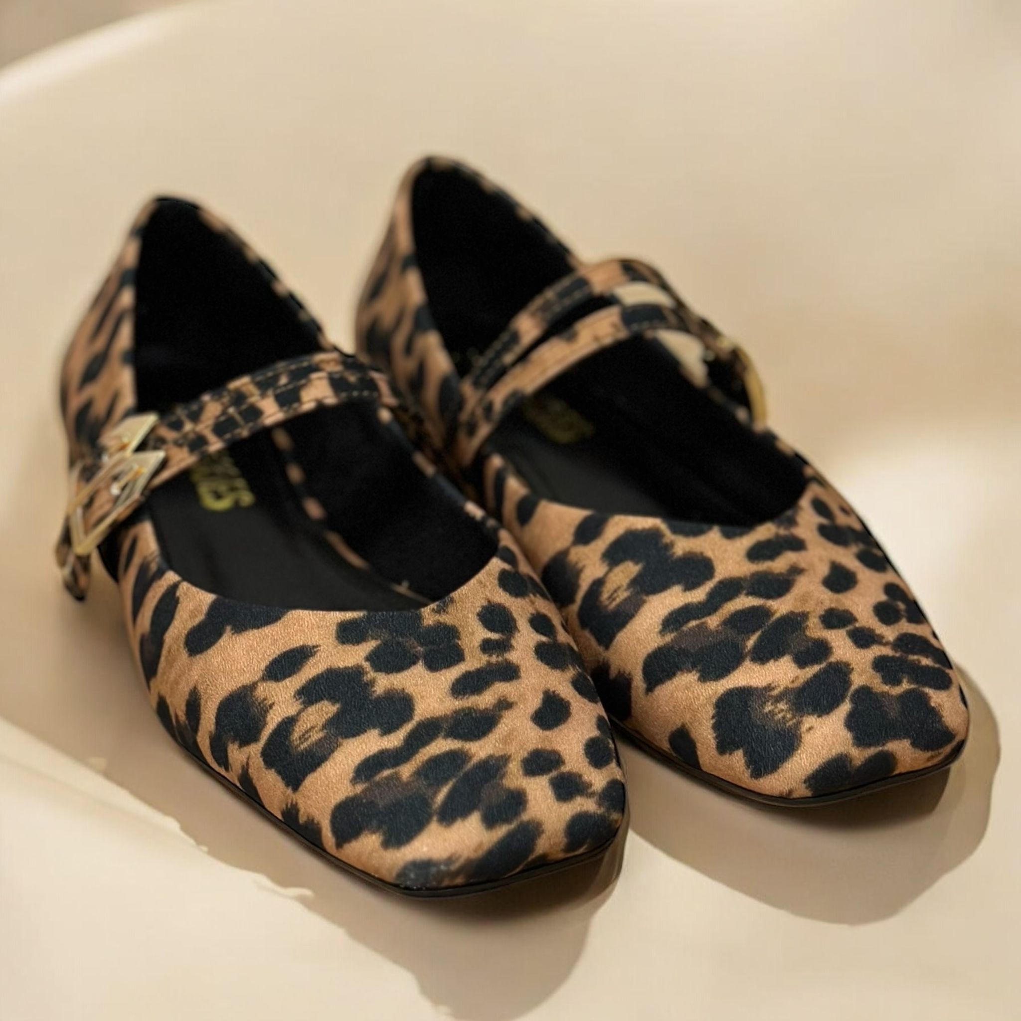 Comfort Taba Leopar Desen Saten Küt Burun Kemer Detaylı Kadın Babet