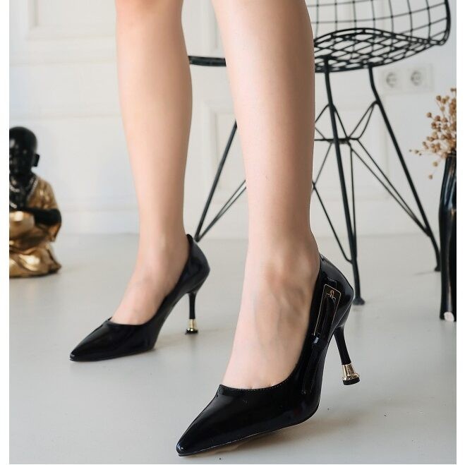 Bogota Siyah Gold Kemer Detay 8 Cm Stiletto