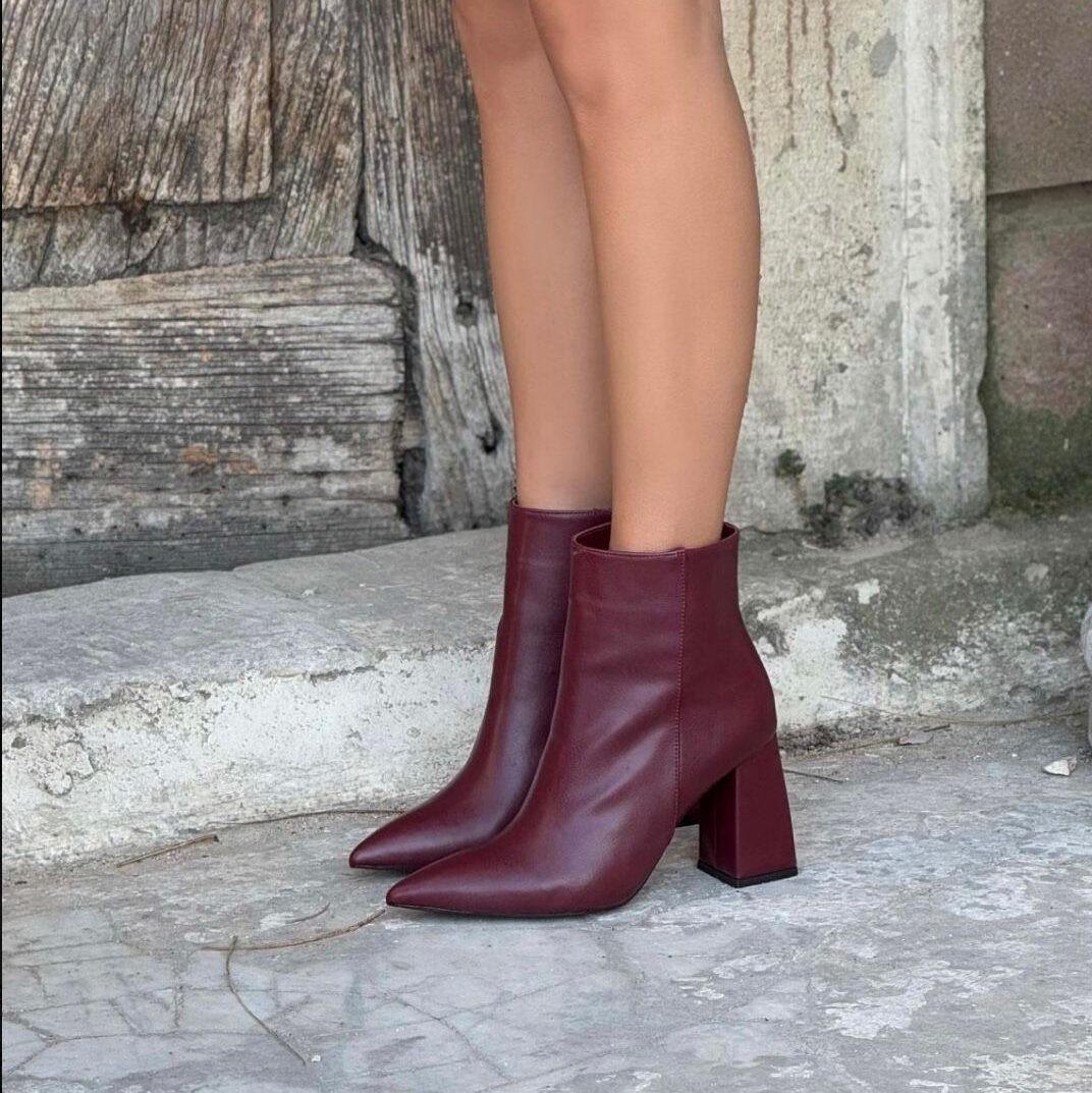 Aqua Bordo Mat Fermuar Detay Sivri Burun Kadın Topuklu Bot