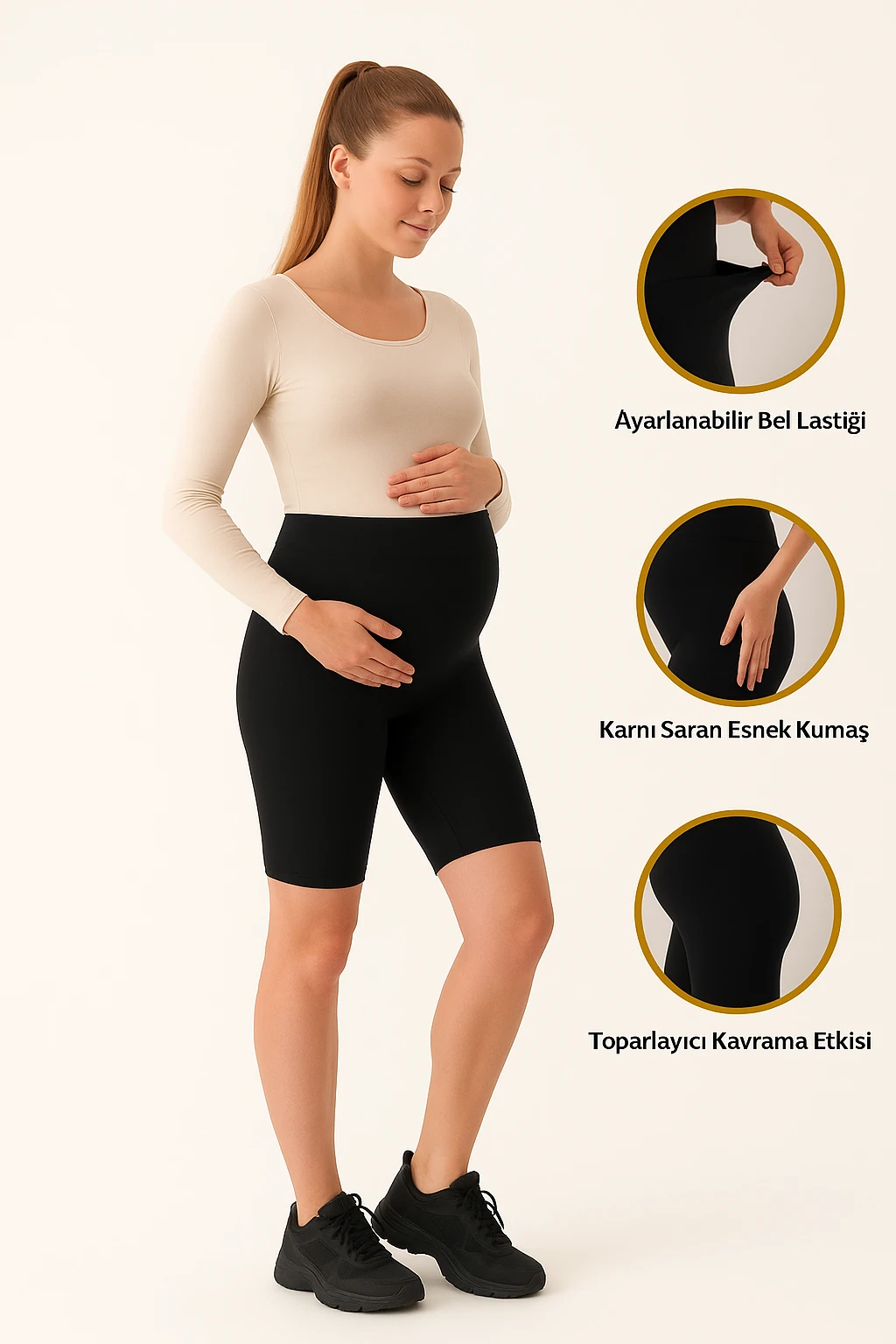 Beli Ayarlanabilir Diz Üstü Siyah Biker Hamile Şort