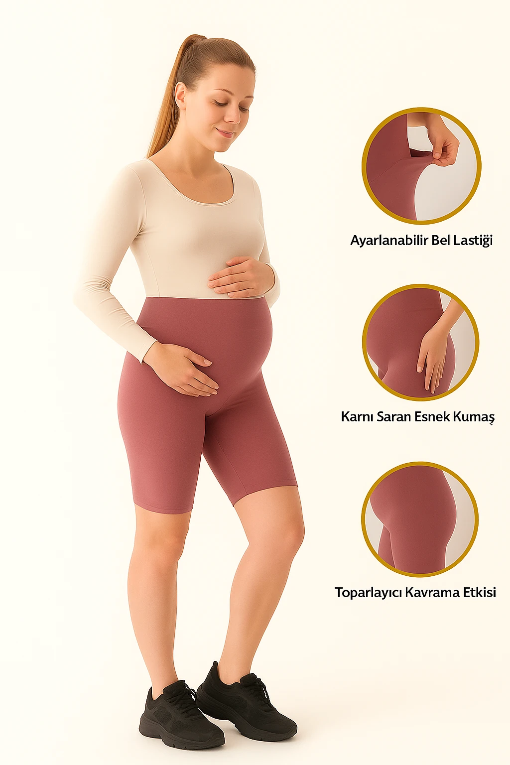 Beli Ayarlanabilir Gül Kurusu Diz Üstü Kısa Hamile Şort Tayt