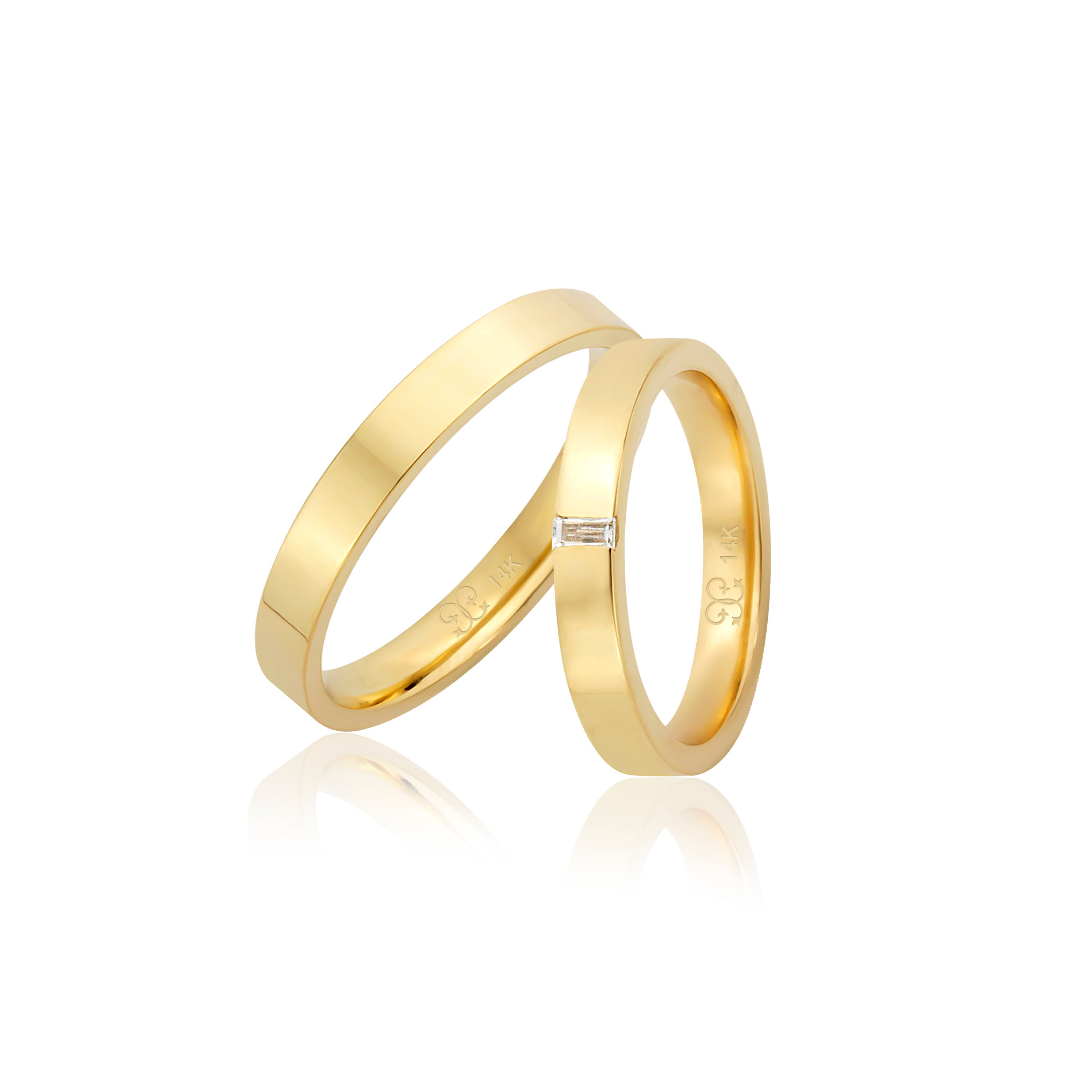 Parlak Sarı Altın Baget Taşlı 0.10 ct. Model Çift Alyansı