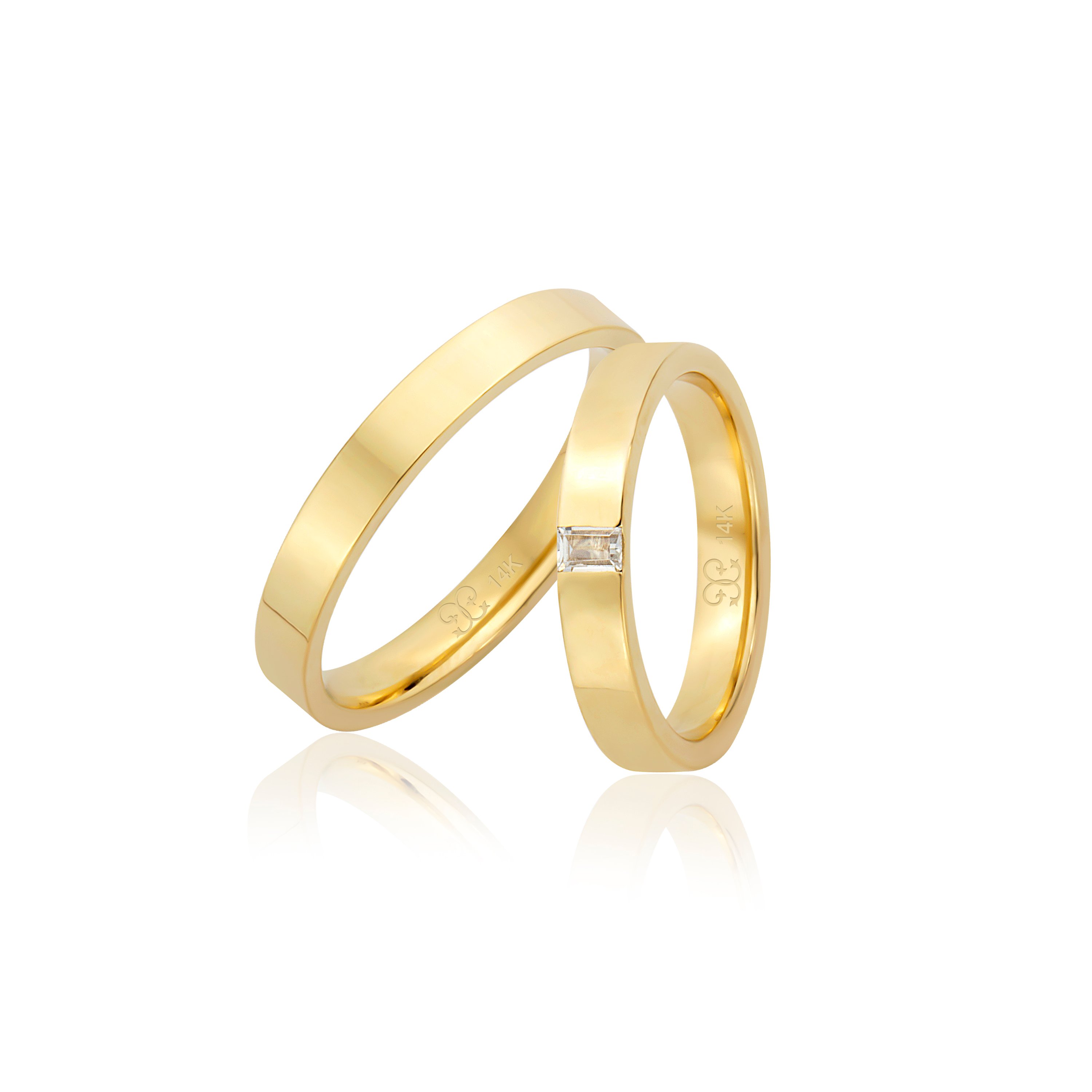 Parlak Sarı Altın Baget Taşlı 0.15 ct Model Çift Alyansı