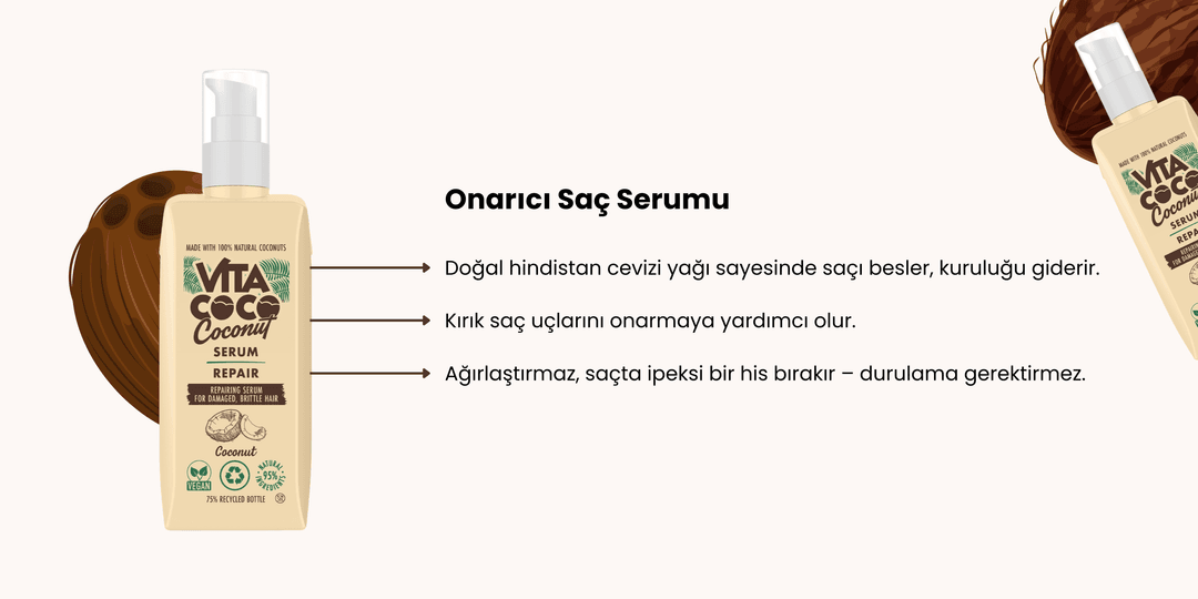 Vita Coco Onarıcı Saç Serumu 150 ml – yoğun nem, saç uçlarında onarım ve ipeksi etki sağlayan hafif formül
