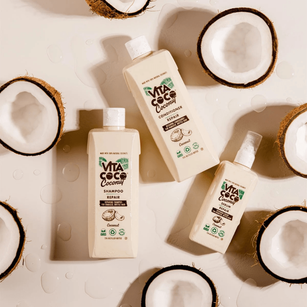 Vita Coco Coconut Repair serisi: %100 doğal hindistancevizi içeren şampuan ve saç kremi.