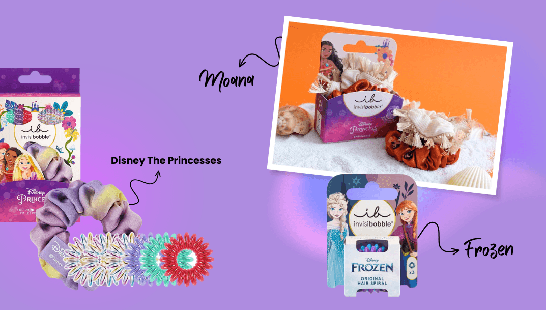 Disney temalı Invisibobble Kids serisi: Frozen, Moana ve Princess koleksiyonlarıyla minikler için eğlenceli ve nazik saç aksesuarları.
