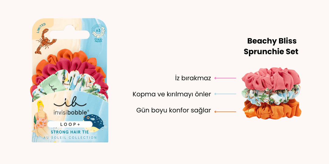 Invisibobble Beachy Bliss Sprunchie Set, yaz temalı 3’lü tokadan oluşur. Spiral iç yapısı sayesinde iz bırakmaz, kopmayı önler ve gün boyu konfor sağlar.