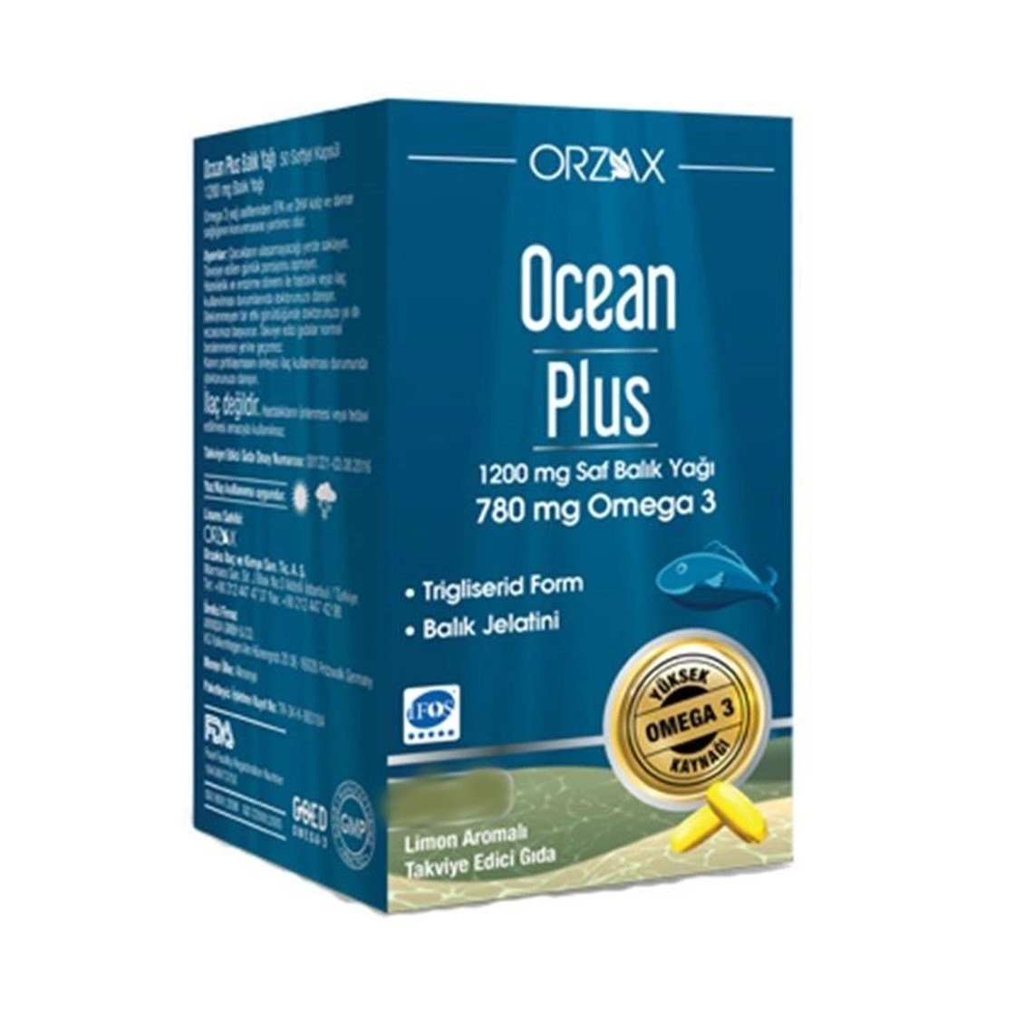 Orzax Ocean Plus Omega 3 1200mg (balık yağı ) 30 Kapsül EPA 384mg DHA 252 mg IFOS onaylıdır.