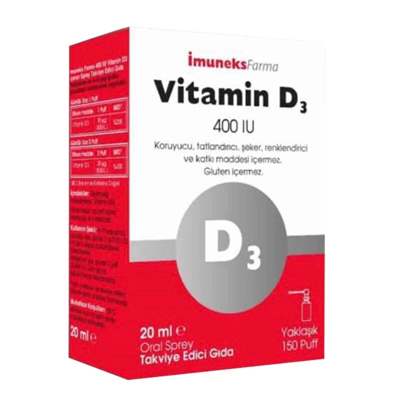 İmuneks Vitamin D3 400 IU 20 ml (Bebeklerin kullanımına uygundur.) SKT 28/02/25