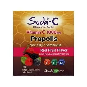 Suda Vitamin C 1000 mg Propolis Çinko D3 Sambucus 20 Saşe Kırmızı Meyve Aromalı