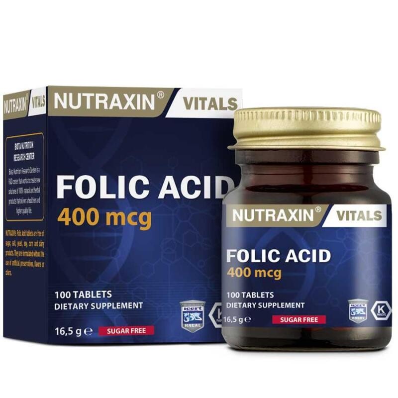 Nutraxin Folic Acid 400 mcg 100 Tablet( Kandaki düşük folat seviyelerini ve yüksek homosistein seviyelerini önlemek ve tedavi etmek için etkili bir üründür)