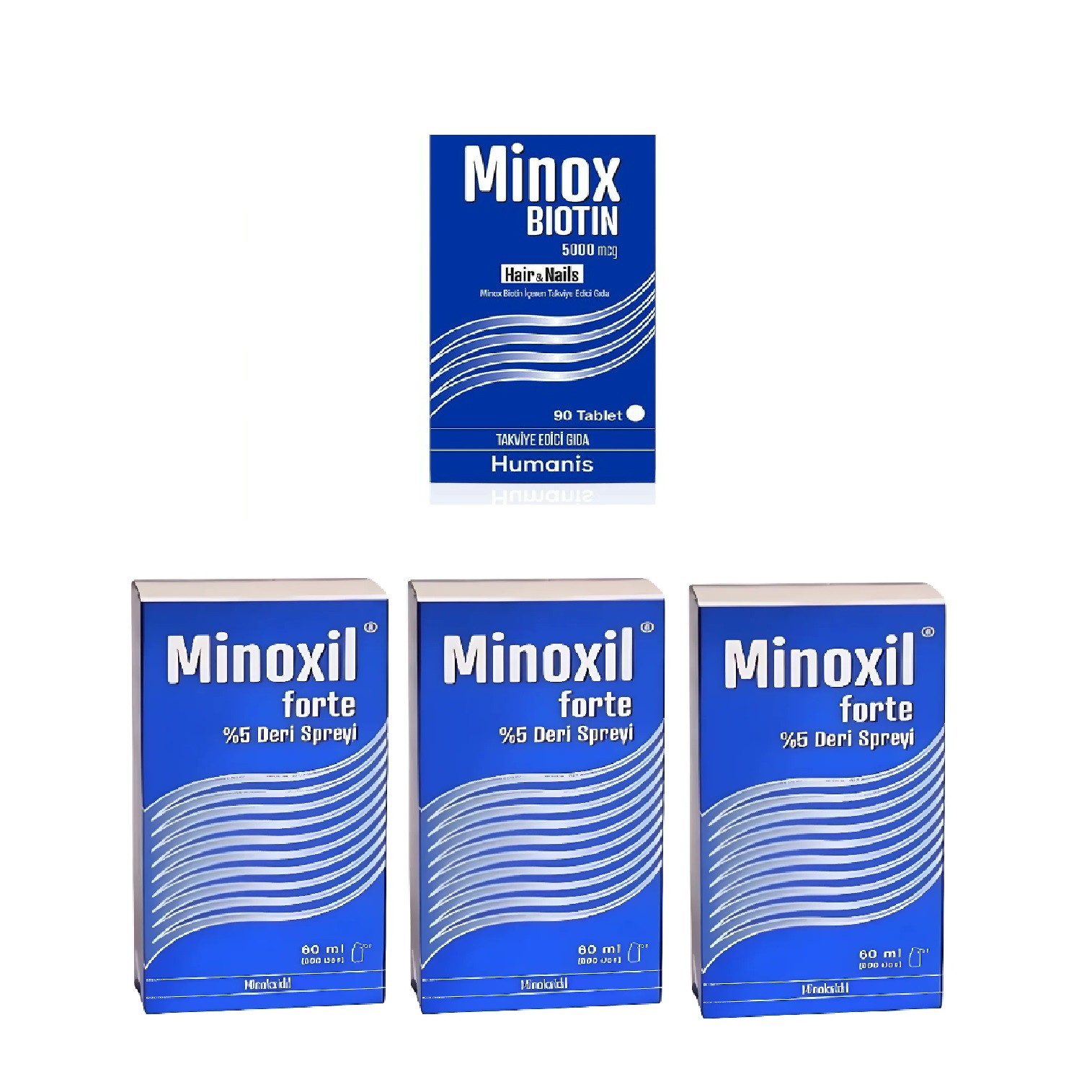 Minoxil Forte %5 Deri Spreyi, Çözelti 60 ml 3 kutu ve Minox Biotin 90 Tablet