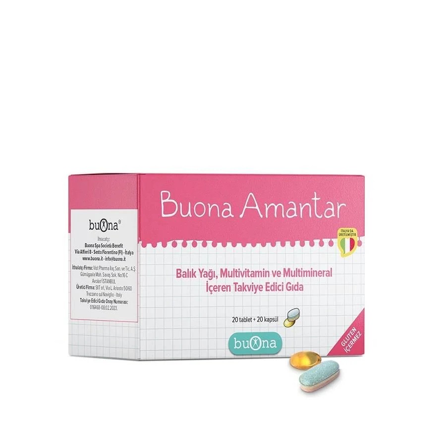 Buona Amantar 20 Tablet + 20 Kapsül (Balık Yağı, Multivitamin ve Multimineral) Gluten içermez.