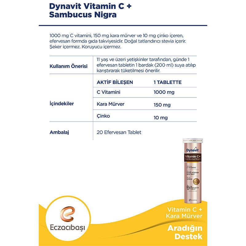 Eczacıbaşı Dynavit Vitamin C + Sambucus Nigra Çinko 20 Efervesan Tablet