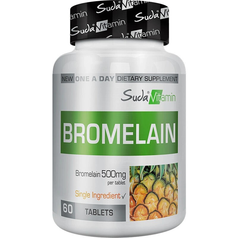 Suda Vitamin Bromelain 500mg 60 Tablet (Sindirim sistemini rahatlatır. Vücuttaki ödemi atar. Kanı sulandırır. Antibiyotik kullanımı sürecinde ilacın etkisini arttırır.)