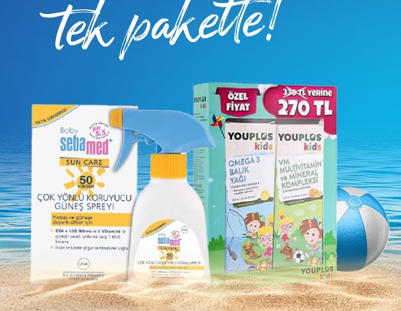 Çocuk Paketi Sebamed Bebekler için Çok Yönlü Koruyucu Güneş Spreyi SPF 50 200 ml + Youplus Kids Omega 3 Balık Yağı 150 ml + Kids Multivitamin 150 ml 