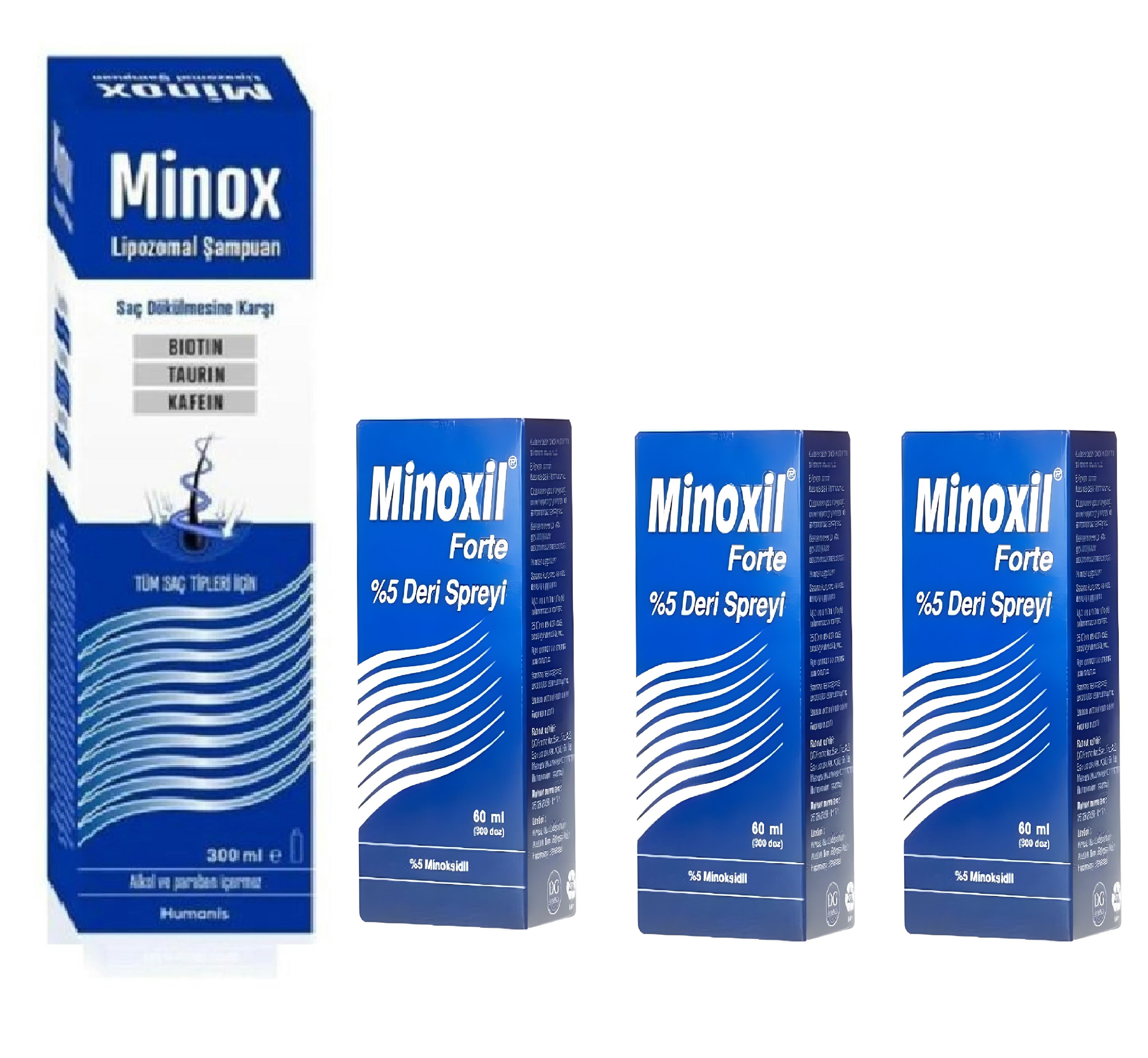 Minoxil Forte %5 Deri Spreyi, Çözelti 60 ml  3 kutu ve Minox Şampuan 300 ml