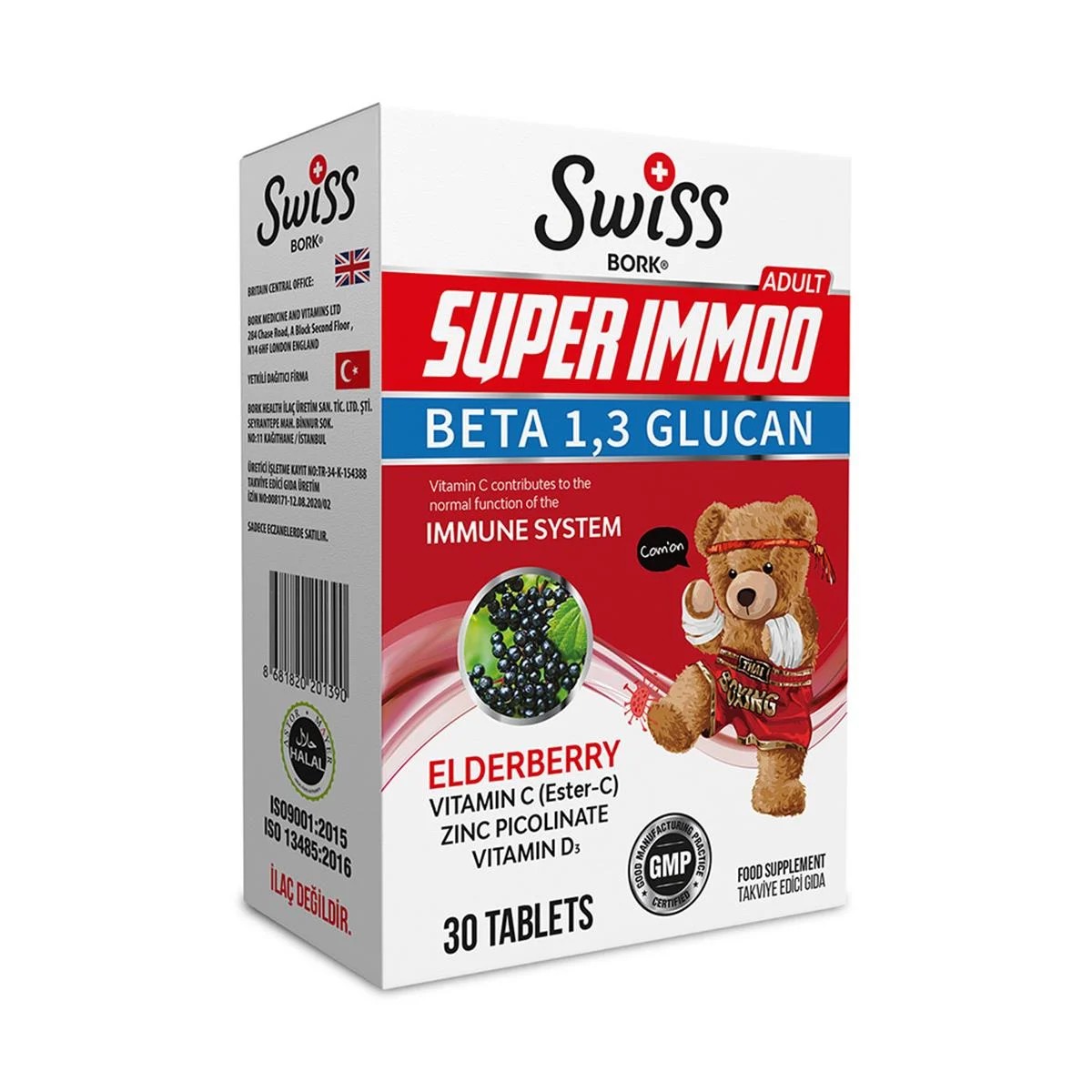 Swiss Bork Super Immoo Adult 30 Tablet (mürver çiçeği, beta glukan, vitamin c, çinko ve d vitamini ile immün sistemi kuvvetlendirici etkisi vardır.)