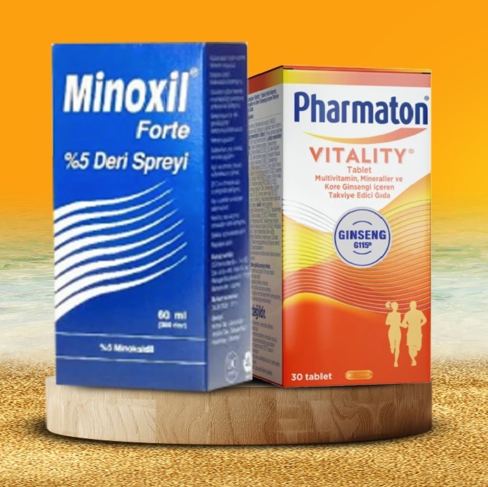 Erkek Paketi 1 Minoxil Forte %5 Deri Spreyi, Çözelti 60 ml ve Pharmaton Vitality Ginseng 30 Tablet (30.09.24 Son Kullanma Tarihli))