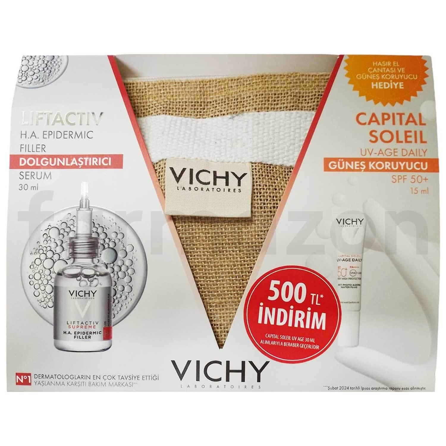 Vichy Liftactiv Supreme H.A. Epidermic Filler Dolgunlaştırıcı Serum 30 ml + Vichy Capital Soleil Güneş Koruyucu  SPF50+ 15 ml + Çanta Hediyeli