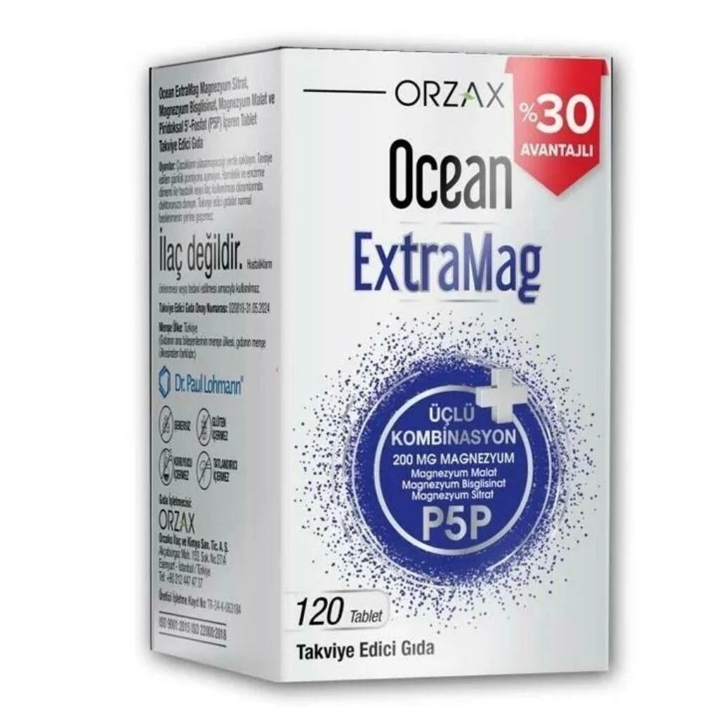 Ocean ExtraMag Üçlü Kombinasyon Takviye Edici Gıda 120 Tablet (Magnezyum malat, magnezyum biglisanat ve magnezyum sitrat)