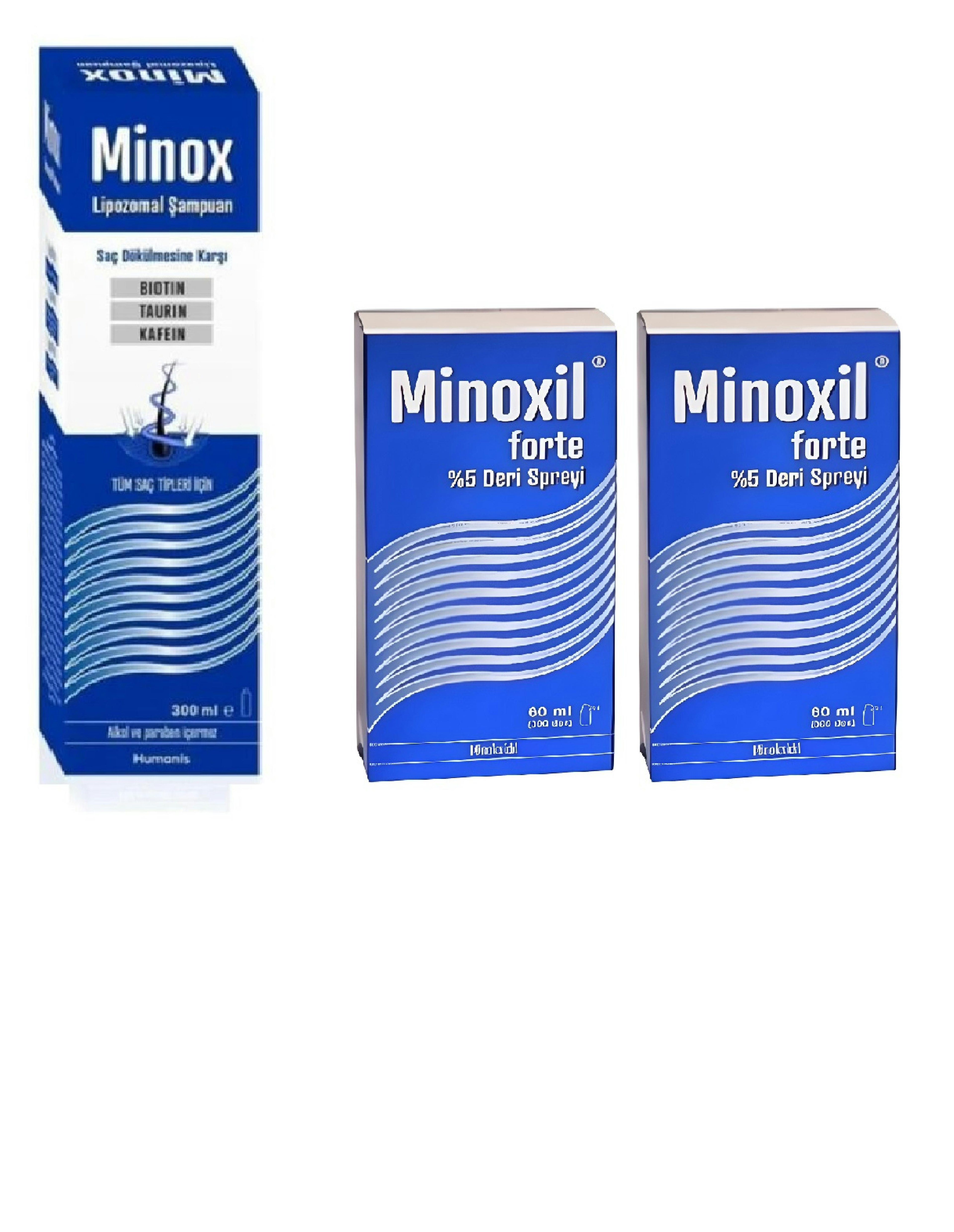 Minoxil Forte %5 60 ml Deri Bakım Spreyi 2 kutu ve Minox Şampuan 300 ml