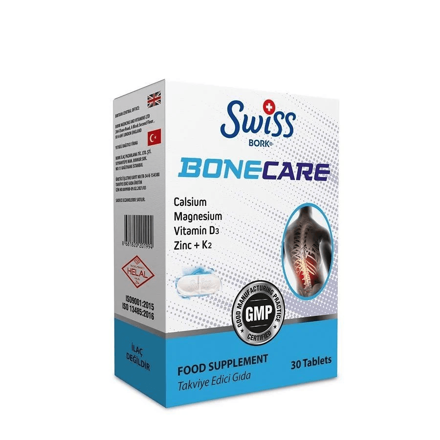 Swiss Bork Bonecare Kalsiyum Magnezyum Çinko Vitamin D3 +K2 30 Tablet SKT 31/01/25