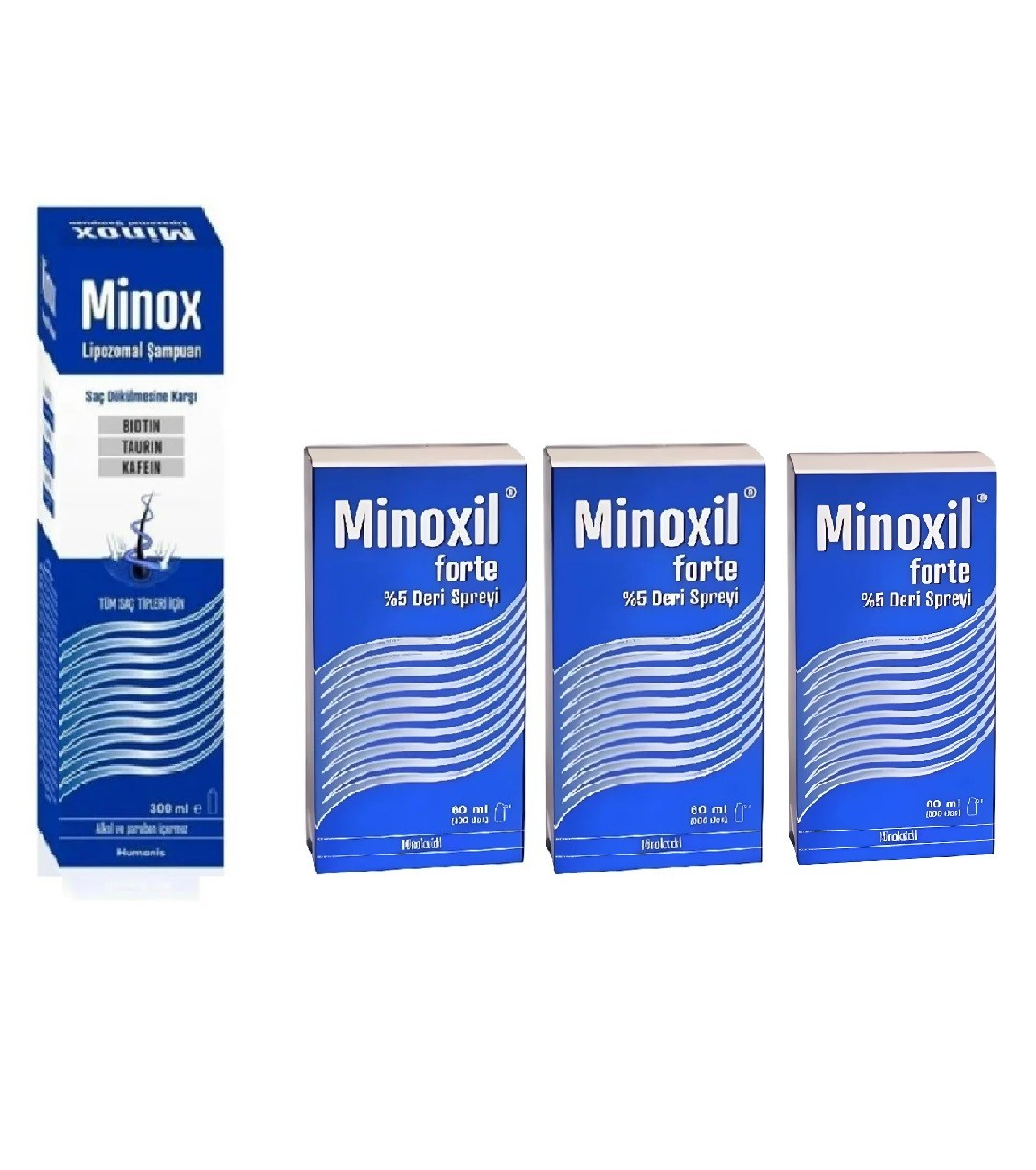 Minoxil Forte %5 60 ml Deri Bakım Spreyi 3 kutu ve Minox Şampuan 300 ml