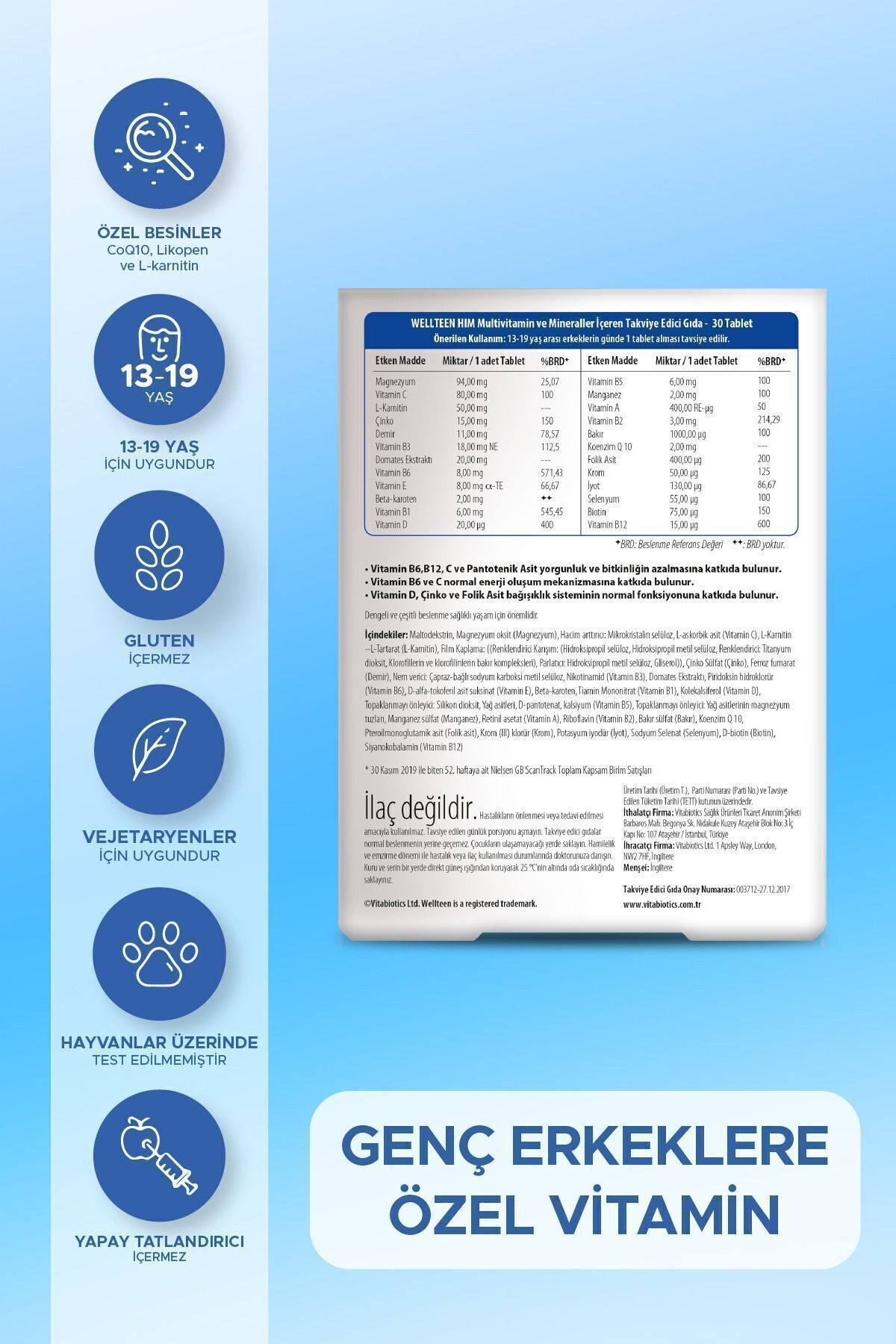 Vitabiotics Wellteen Him 13-19 years 30 Tablets (13-19 Yaş arası erkek bireyler için) (yorgunluk ve bitkinliğin azalmasına katkıda bulunur.)