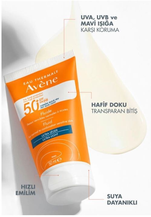 Avene Solaire SPF50+ Fluid Ultra Light 50 ml (normal ve karma ciltler için çok yüksek korumalı Faktörlü güneş koruyucu)