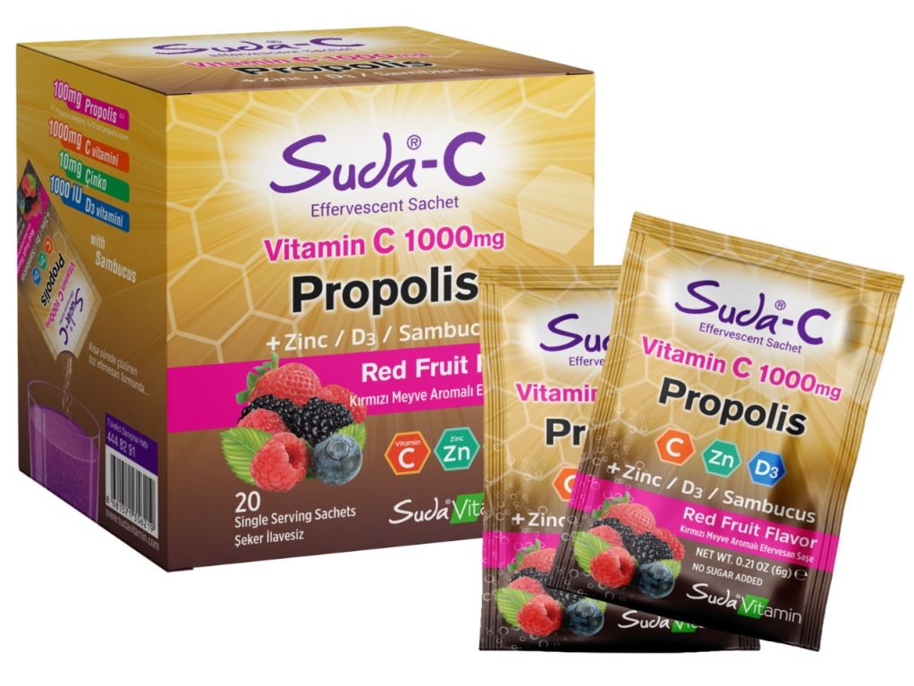  Suda-C Vitamin C 1000 mg Propolis Çinko, D3, Sambucus (Kırmızı Meyve Aromalı) (yorgunluk ve bitkinliğin azalmasına ve bağışıklık sisteminin normal fonksiyonuna katkıda bulunur)