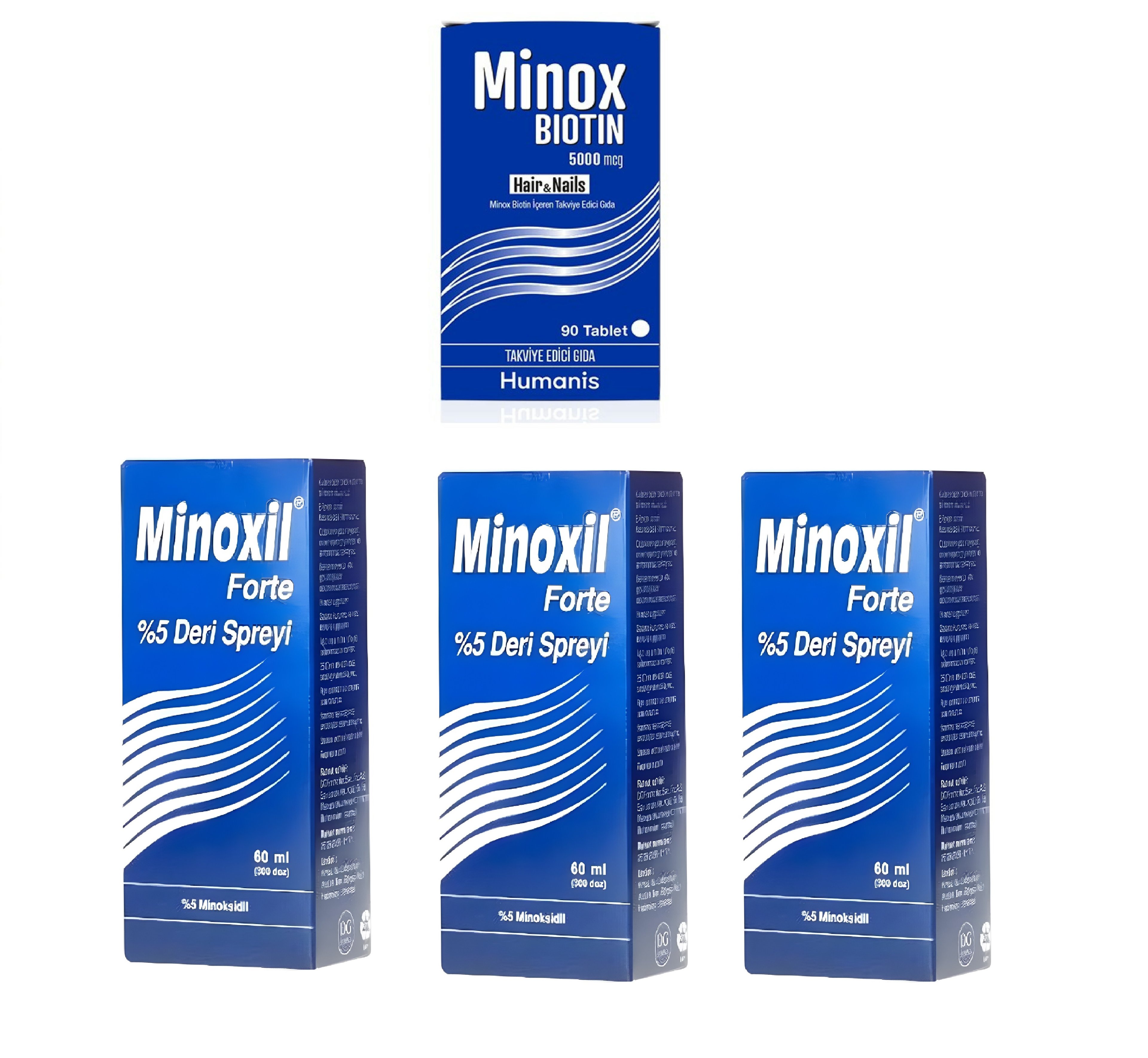 Minoxil Forte %5 Deri Spreyi, Çözelti 60 ml 3 kutu ve Minox Biotin 90 Tablet