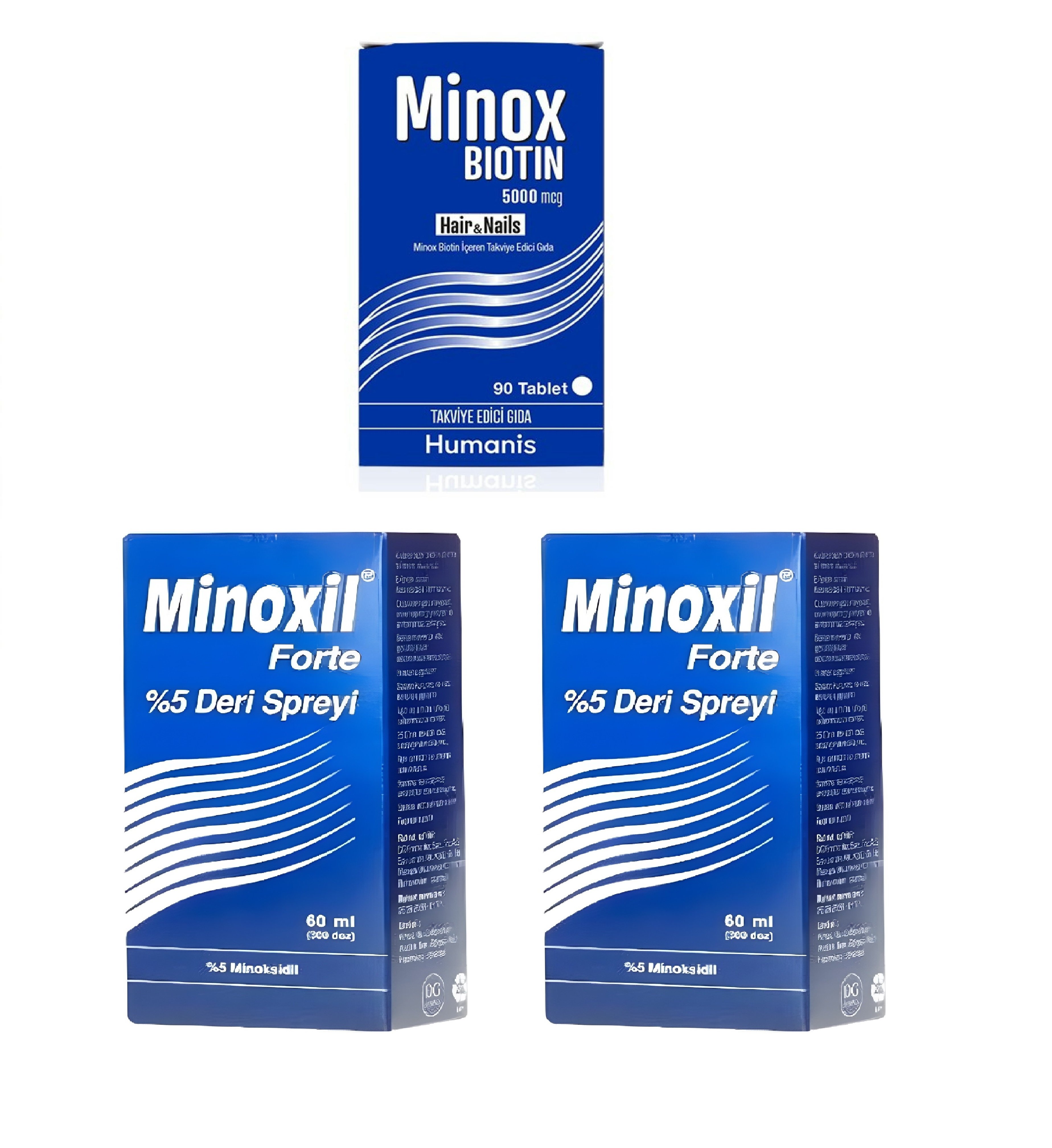 Minoxil Forte %5 Deri Spreyi, Çözelti 60 ml 2 kutu ve Minox Biotin 90 Tablet