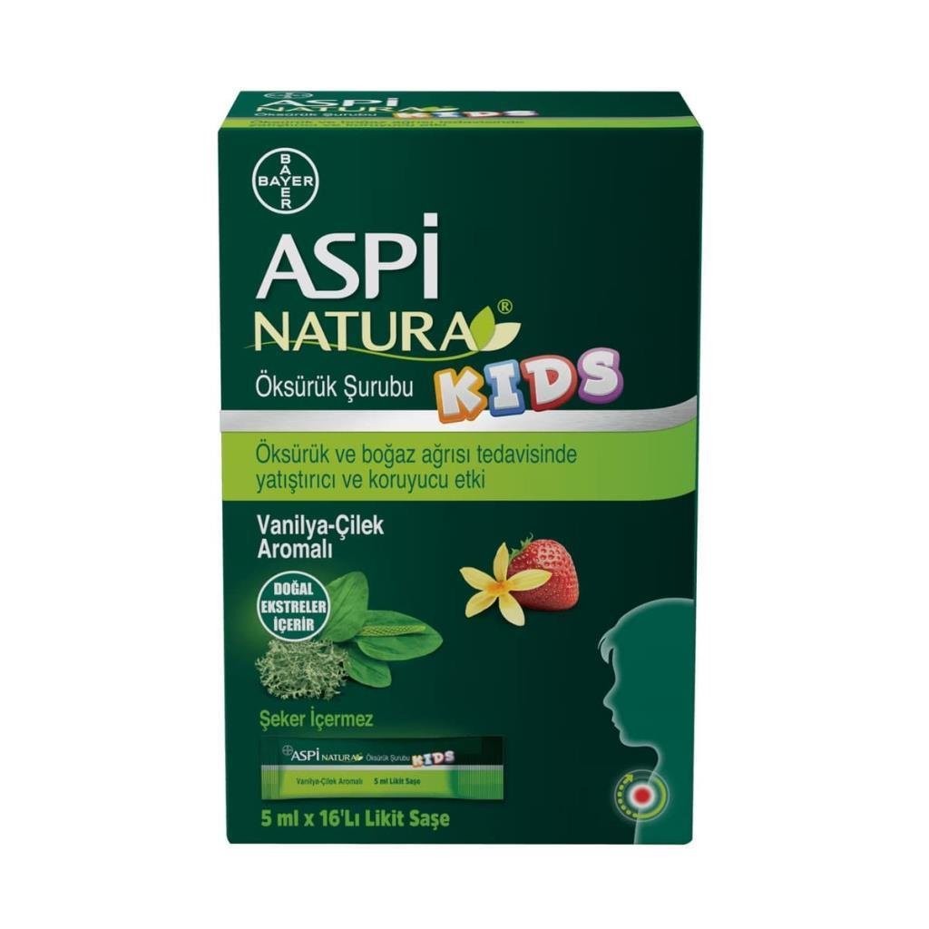 BAYER ASPİ NATURA Kids Öksürük Şurubu 5 mlx16 Likit Saşe (Vanilya-Çilek Aromalı) (2-5 yaş arası uygundur) SKT 31/01/25