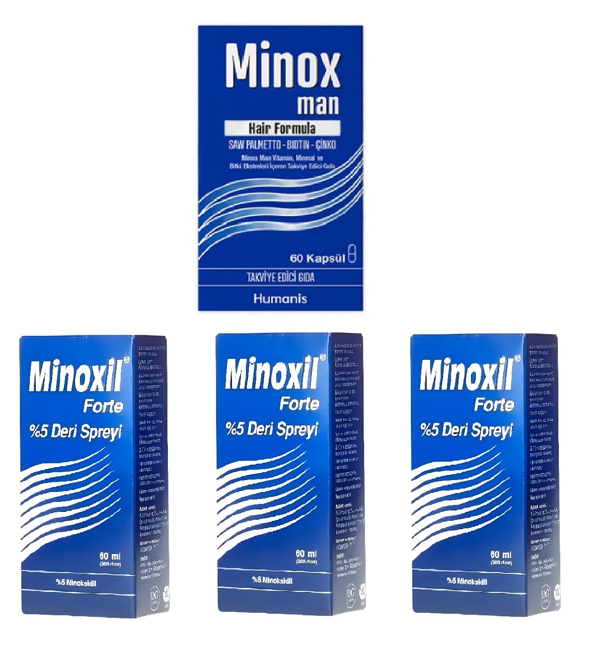 Minoxil Forte %5 Deri Spreyi, Çözelti 60 ml 3 kutu ve Minox Man Hair Formula 60 Kapsül