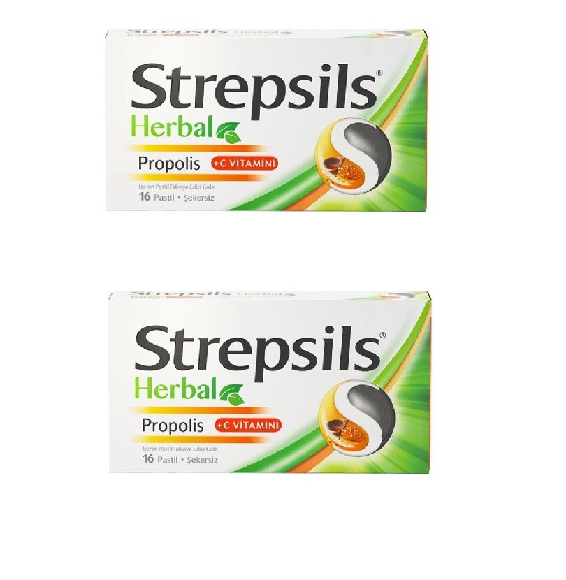 Strepsils Herbal Propolis + C Vitamini İçeren Takviye Edici Gıda 16 Pastil Avantajlı paket 2 kutu