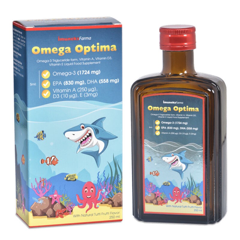 Imuneks Farma Omega Optima Omega-3, Vitamin A, Vitamin D3, Vitamin E Içeren Sıvı Takviye Edici Gıda 250 ml