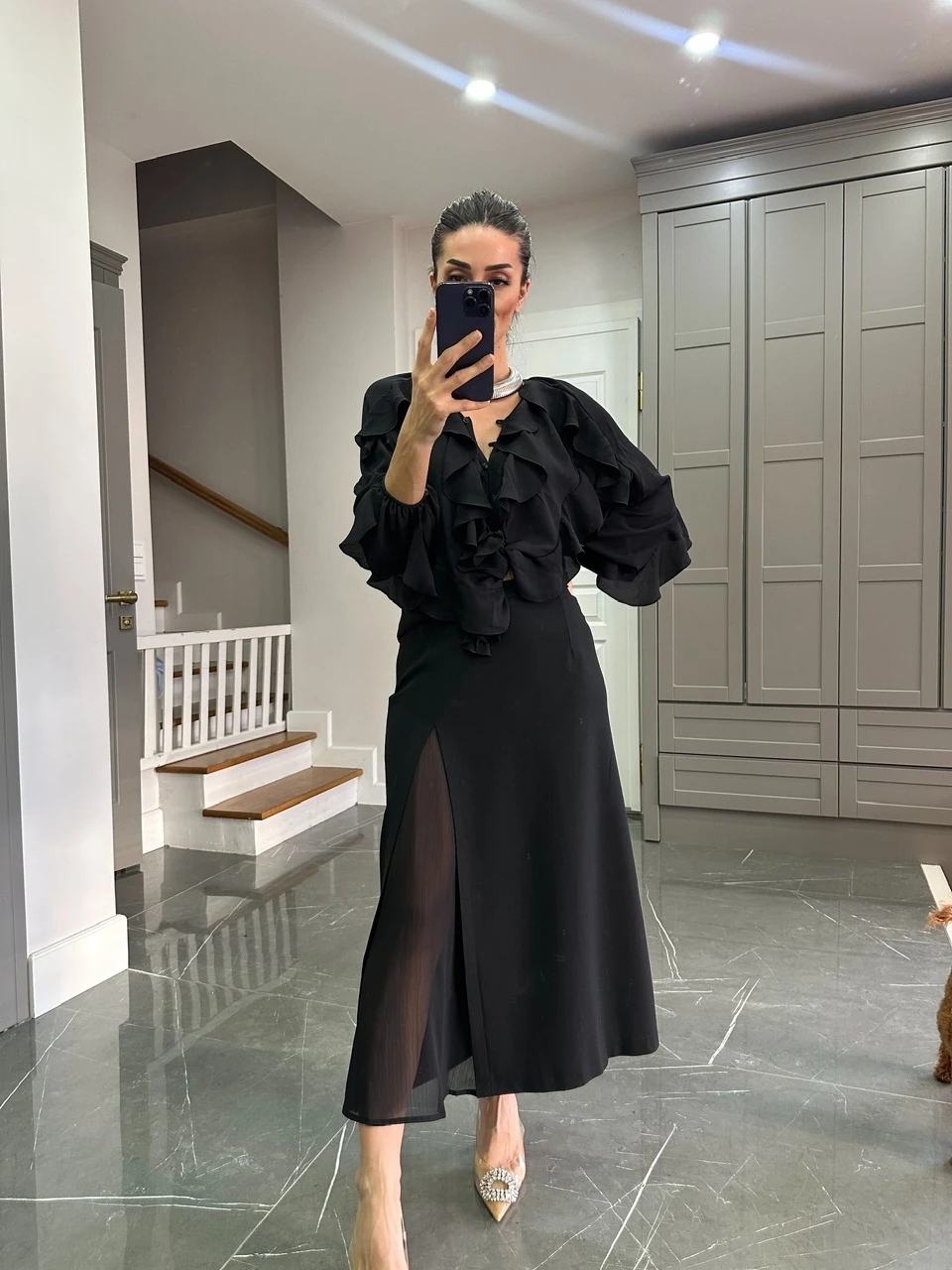 Tül Detaylı Yırtmaçlı Etek 