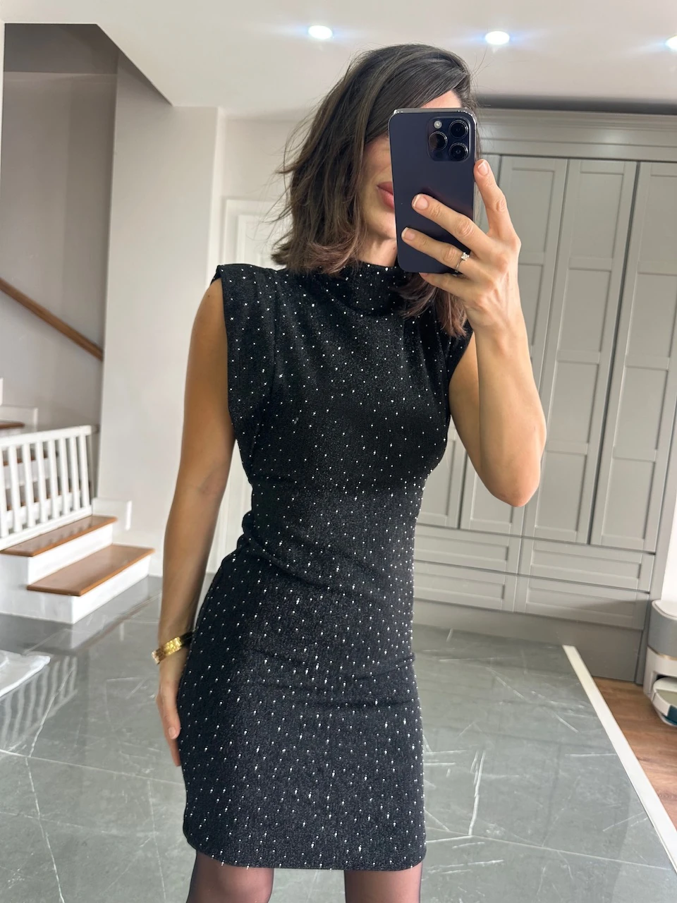 Taşlı Sandy Kumaş Elbise