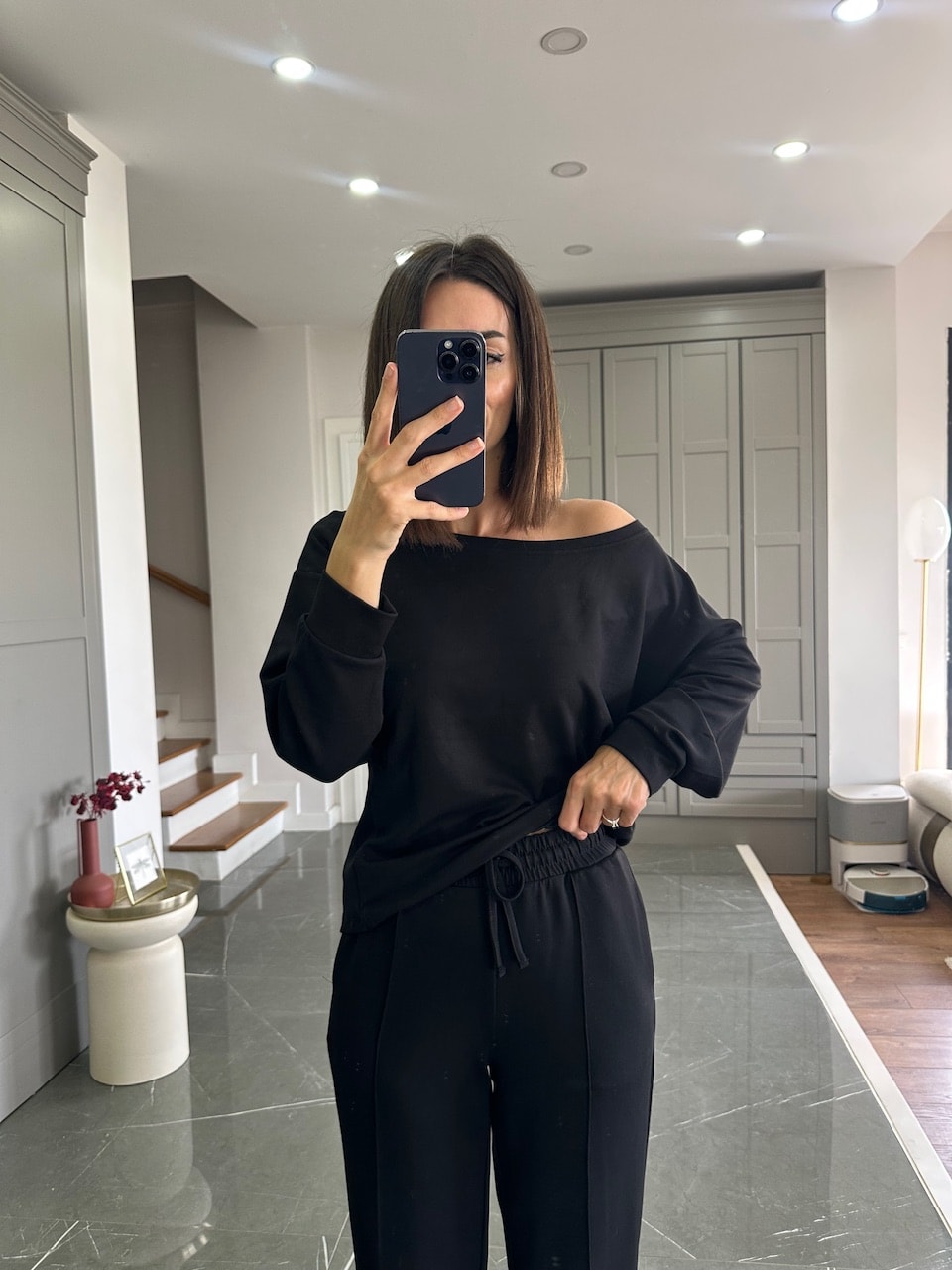 Düşük Omuz Modal Kumaş Takım - Siyah